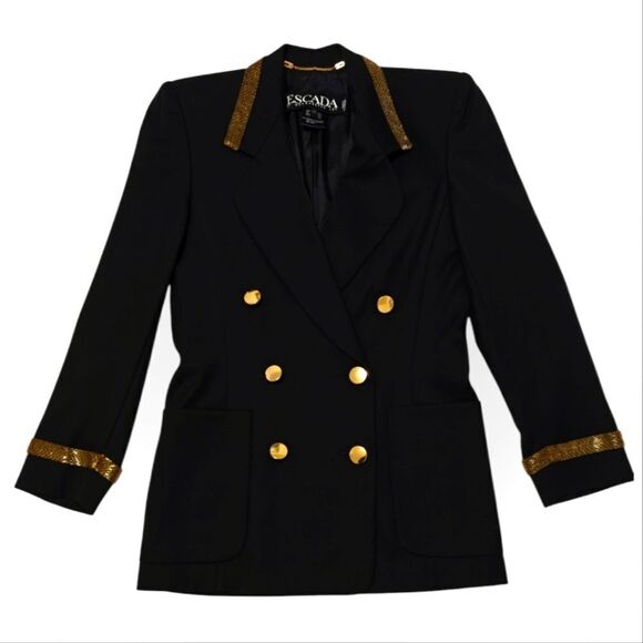 Vintage Escada Pure New Wool Dark Blue Blazer with Gold beaded Accents SZ 34 S - Picture 1 of 8